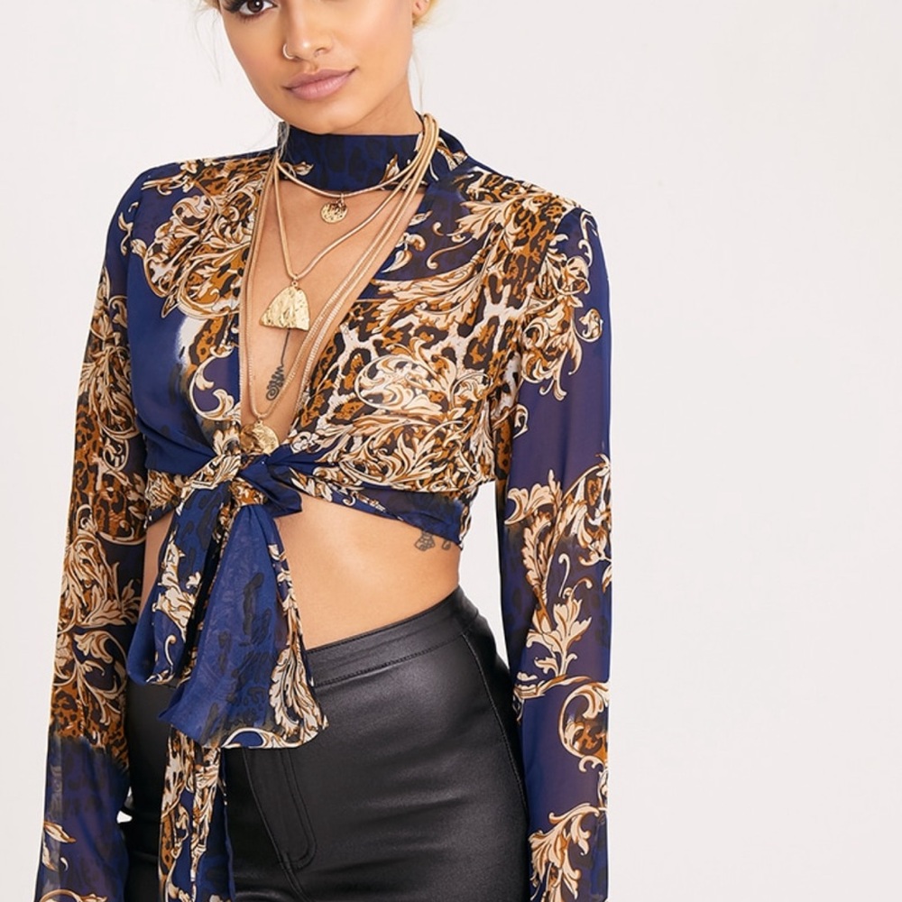Pretty little thing Blue Sheer Baroque Print Plunge Tie Front Choker Blouse